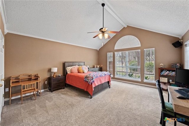 carpeted bedroom featuring vaulted ceiling with beams, a textured ceiling, a ceiling fan, and baseboards