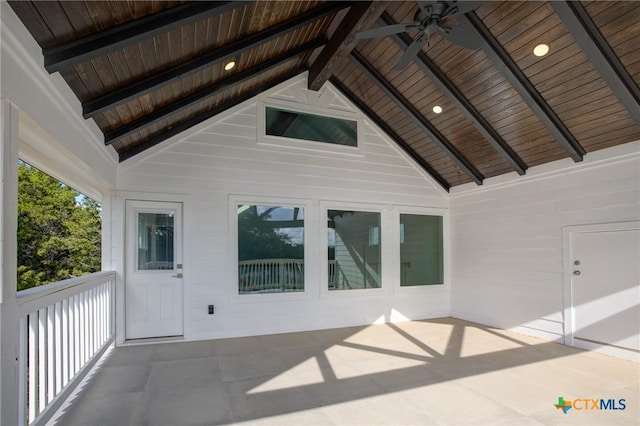 exterior space featuring ceiling fan