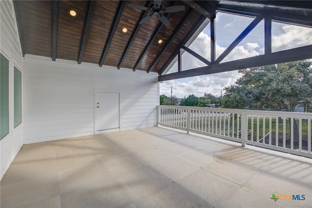 view of patio featuring ceiling fan