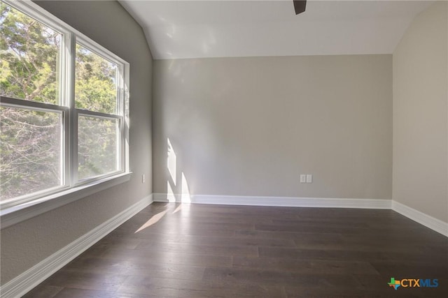 empty room featuring dark wood-type flooring and lofted ceiling