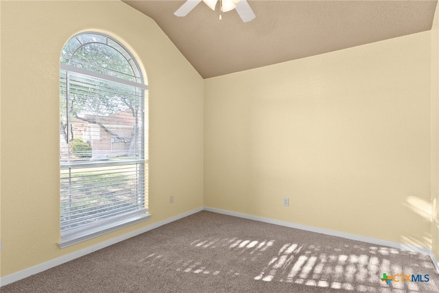 carpeted spare room featuring a wealth of natural light, lofted ceiling, and ceiling fan