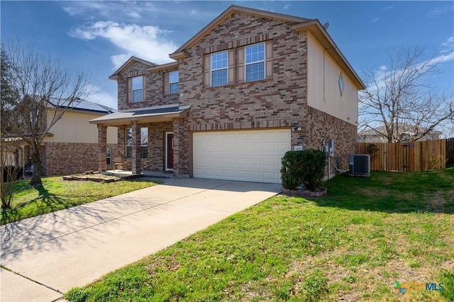 2109 Vernice Dr, Copperas Cove, TX 76522 - traditional home featuring a garage, fence, central air condition unit, brick siding, and driveway