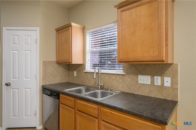 2109 Vernice Dr, Copperas Cove, TX 76522 - kitchen featuring backsplash, dark countertops, stainless steel dishwasher, and a sink