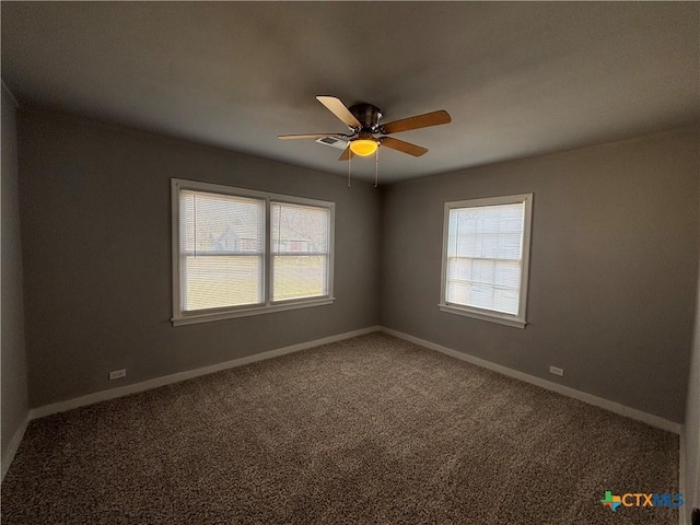 unfurnished room featuring carpet flooring and ceiling fan