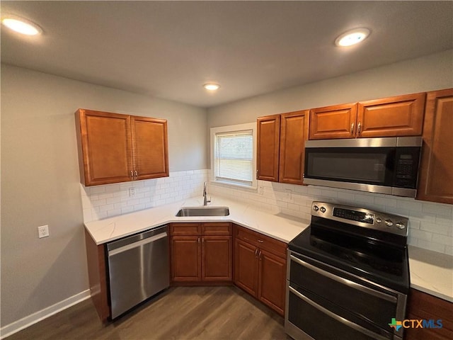 kitchen featuring sink, decorative backsplash, stainless steel appliances, and dark hardwood / wood-style floors