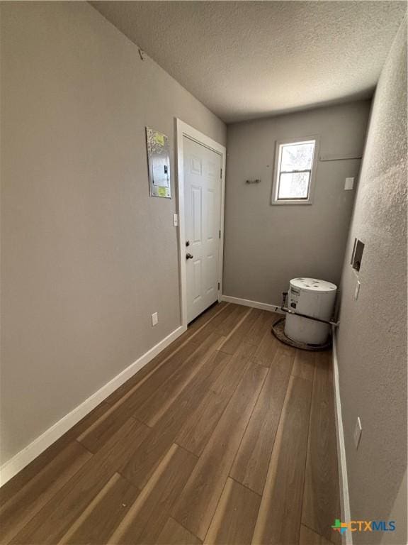 bathroom with wood-type flooring and a textured ceiling