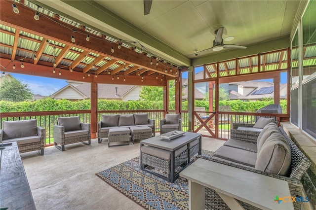 view of patio featuring ceiling fan and an outdoor hangout area