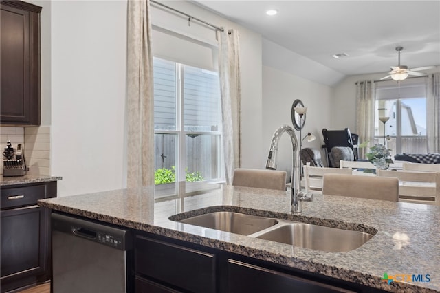 kitchen featuring dishwasher, light stone countertops, and plenty of natural light