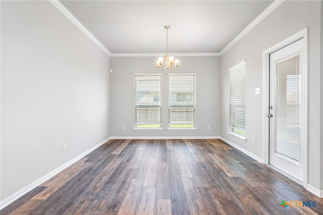 unfurnished dining area with crown molding, dark wood-type flooring, and a wealth of natural light