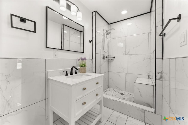 1814 S 5th St, Temple, TX 76504 - bathroom with marble finish floors, a marble finish shower, and vanity