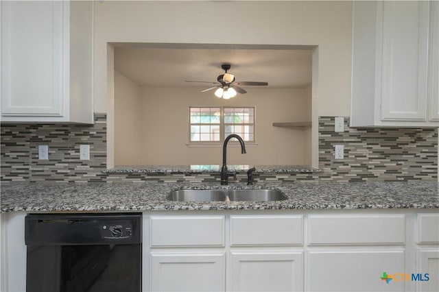 409 W Mary Jane Dr, Killeen, TX 76541 - kitchen with black dishwasher, a ceiling fan, white cabinets, and stone counters