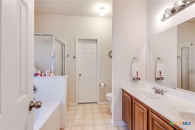 full bathroom with independent shower and bath, vanity, and toilet