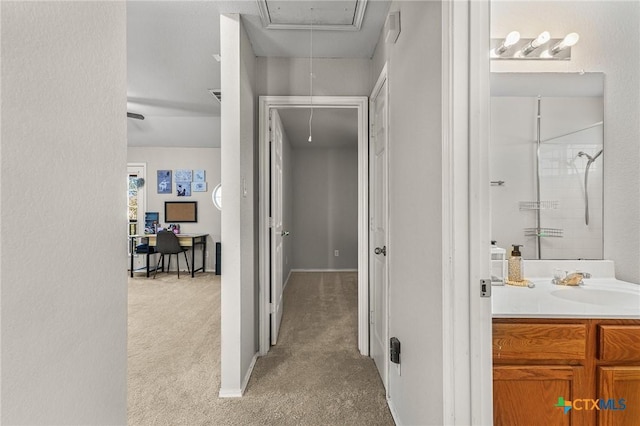 interior space with a shower and vanity