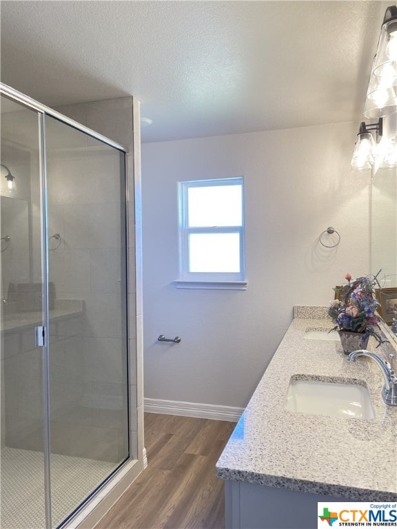 bathroom featuring walk in shower, vanity, and wood-type flooring