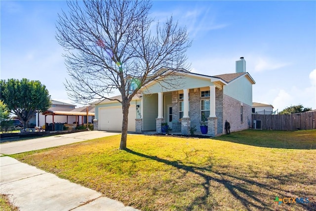 5607 Schorn Dr, Killeen, TX 76542 - view of front of house with concrete driveway, central AC unit, a porch, a garage, and a chimney
