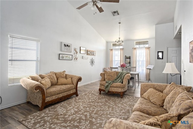 5607 Schorn Dr, Killeen, TX 76542 - living area featuring high vaulted ceiling, ceiling fan, wood finished floors, a chandelier, and baseboards