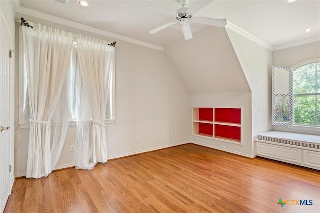 11740 Stinnett Mill Rd, Salado, TX 76571 - bonus room featuring light wood-type flooring, recessed lighting, ceiling fan, and lofted ceiling