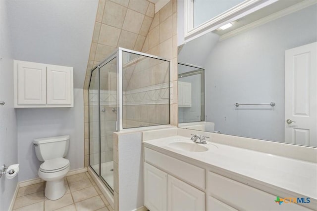 11740 Stinnett Mill Rd, Salado, TX 76571 - bathroom with a shower stall, vanity, tile patterned floors, and ornamental molding