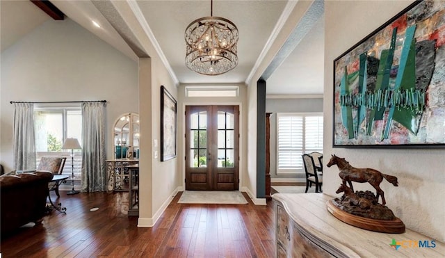 750 Mission Hts, New Braunfels, TX 78130 - foyer featuring crown molding, a notable chandelier, french doors, baseboards, and dark wood-type flooring