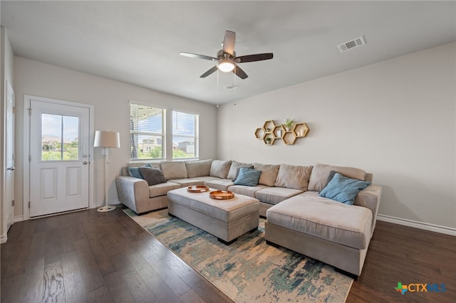 11820 Offaly Dr, Austin, TX 78754 - living area with a ceiling fan and wood finished floors