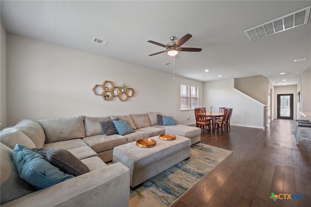 11820 Offaly Dr, Austin, TX 78754 - living area featuring ceiling fan, dark wood finished floors, and recessed lighting