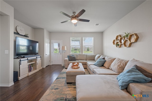 11820 Offaly Dr, Austin, TX 78754 - living area featuring dark wood-type flooring and ceiling fan