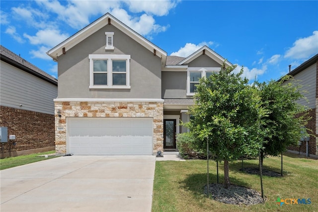 11820 Offaly Dr, Austin, TX 78754 - view of front facade featuring stucco siding, stone siding, concrete driveway, and an attached garage