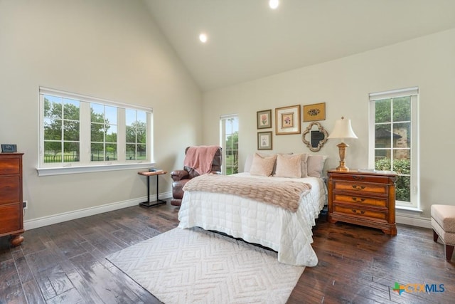 bedroom featuring recessed lighting, high vaulted ceiling, baseboards, and dark wood-type flooring