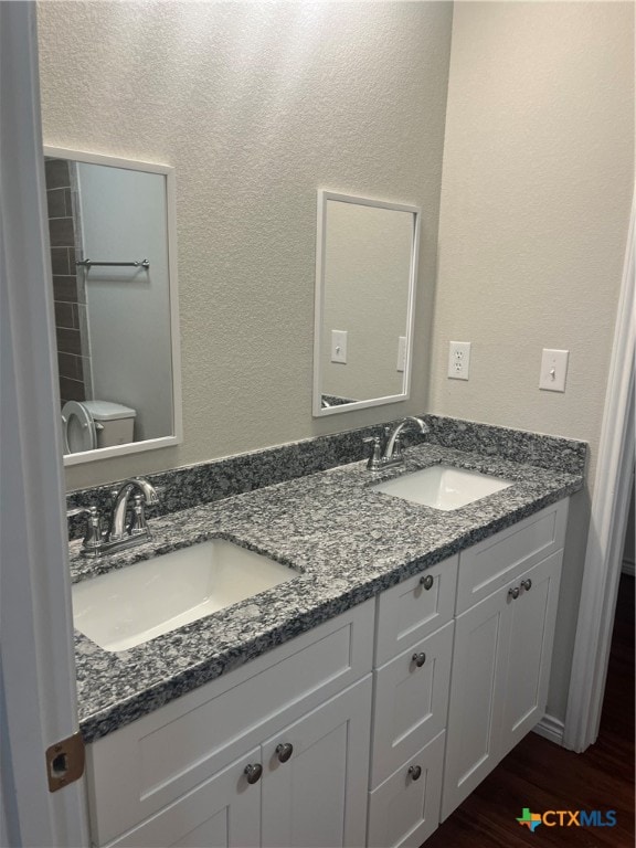 bathroom with hardwood / wood-style floors, vanity, and toilet