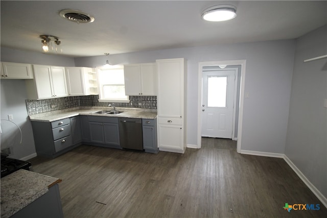 kitchen featuring dark hardwood / wood-style flooring, dishwasher, white cabinets, tasteful backsplash, and gray cabinets