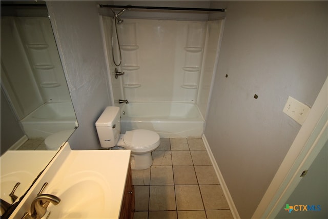 full bathroom with vanity, tub / shower combination, tile patterned floors, and toilet