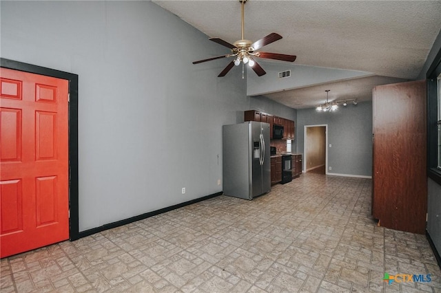 kitchen with stainless steel refrigerator with ice dispenser, lofted ceiling, a textured ceiling, range with electric stovetop, and ceiling fan with notable chandelier