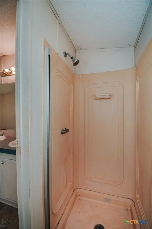 bathroom with vanity, a textured ceiling, and walk in shower