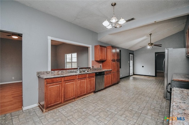 kitchen featuring ceiling fan with notable chandelier, decorative light fixtures, dishwasher, lofted ceiling, and sink