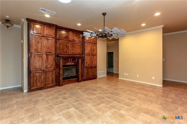 unfurnished living room featuring a notable chandelier and crown molding