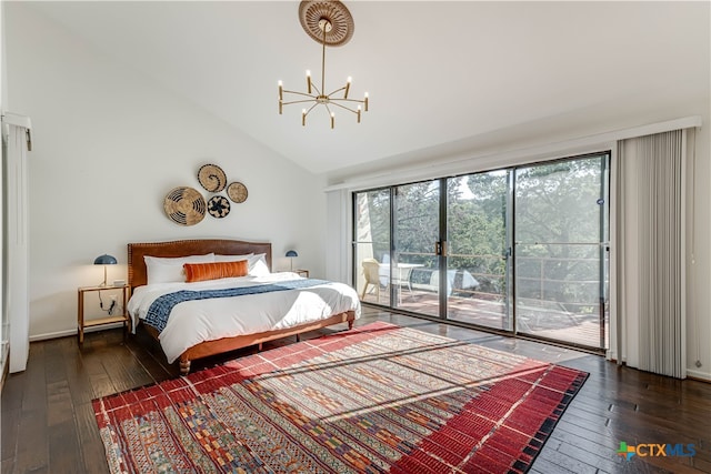 bedroom with access to exterior, dark hardwood / wood-style floors, high vaulted ceiling, and a notable chandelier