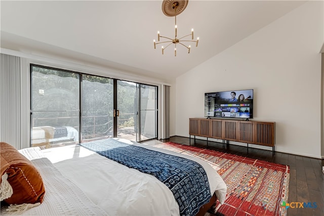 bedroom with lofted ceiling, wood-type flooring, access to outside, and an inviting chandelier