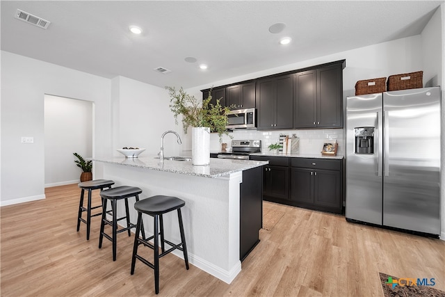 kitchen with stainless steel appliances, sink, a kitchen island with sink, a breakfast bar, and light wood-type flooring