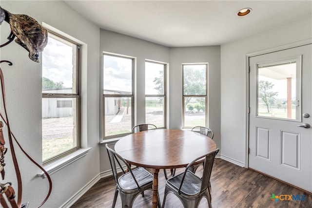 dining room with dark hardwood / wood-style flooring and a healthy amount of sunlight