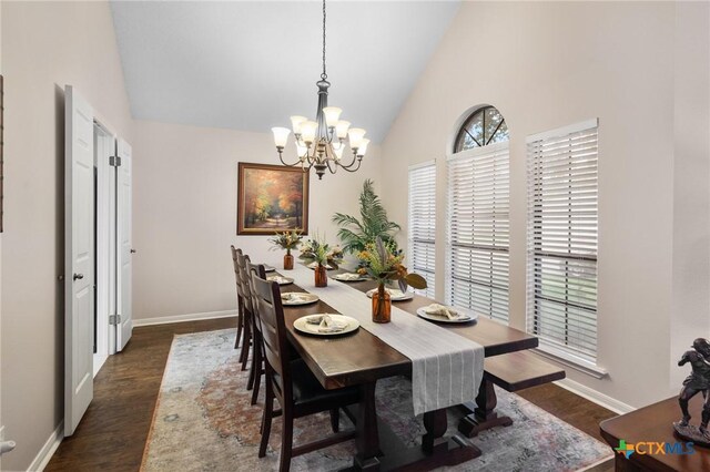 106 Westbrook Dr, Victoria, TX 77904 - dining space featuring a chandelier, dark wood-style floors, and high vaulted ceiling
