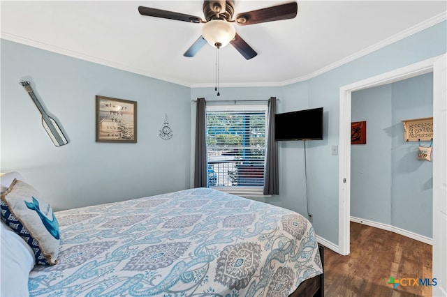 bedroom with ornamental molding, ceiling fan, and dark hardwood / wood-style floors