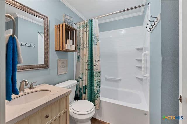 full bathroom featuring wood-type flooring, toilet, vanity, crown molding, and shower / bathtub combination with curtain