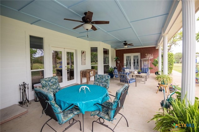 view of patio / terrace with outdoor lounge area, french doors, and a ceiling fan
