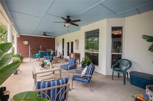 view of patio with an outdoor hangout area, french doors, and ceiling fan