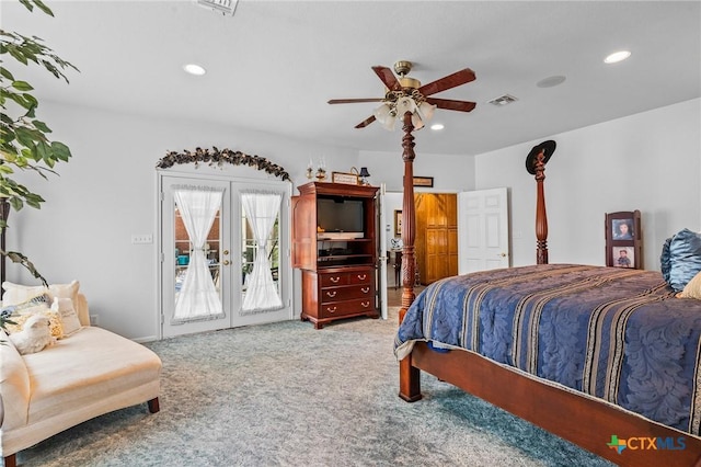 carpeted bedroom with access to outside, visible vents, and recessed lighting