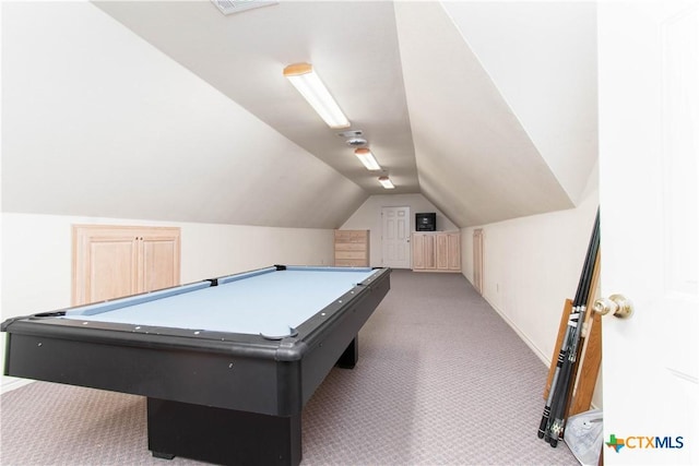 rec room with carpet floors, billiards, and vaulted ceiling