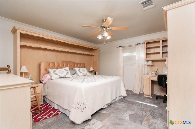 bedroom featuring a ceiling fan, visible vents, and crown molding