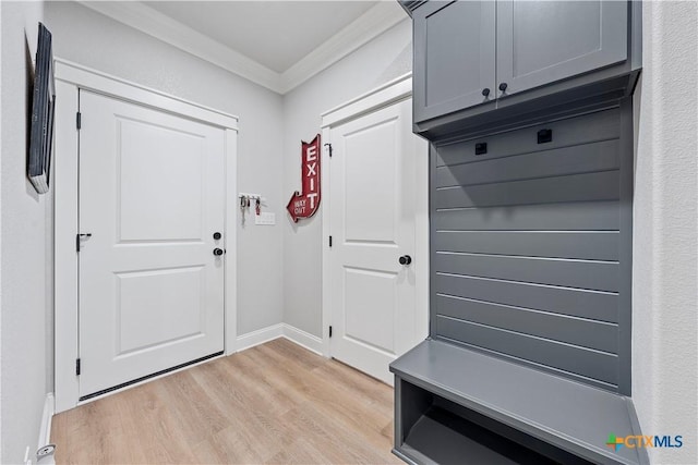 mudroom featuring ornamental molding and light hardwood / wood-style floors