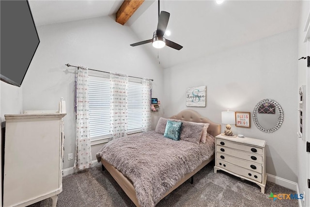 bedroom featuring lofted ceiling with beams, ceiling fan, and dark carpet