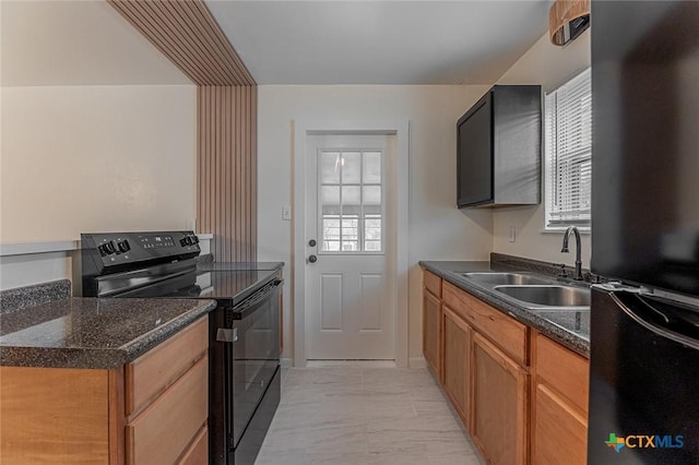 kitchen with dark stone counters, sink, and black appliances